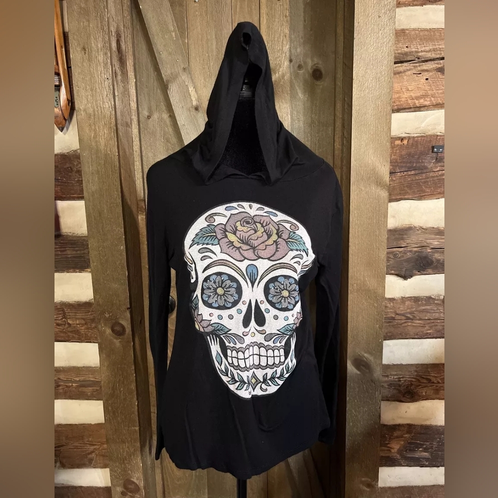Ocasion Women's Medium Long sleeve Hoodie Black White Sugar Skull Rose Flowers